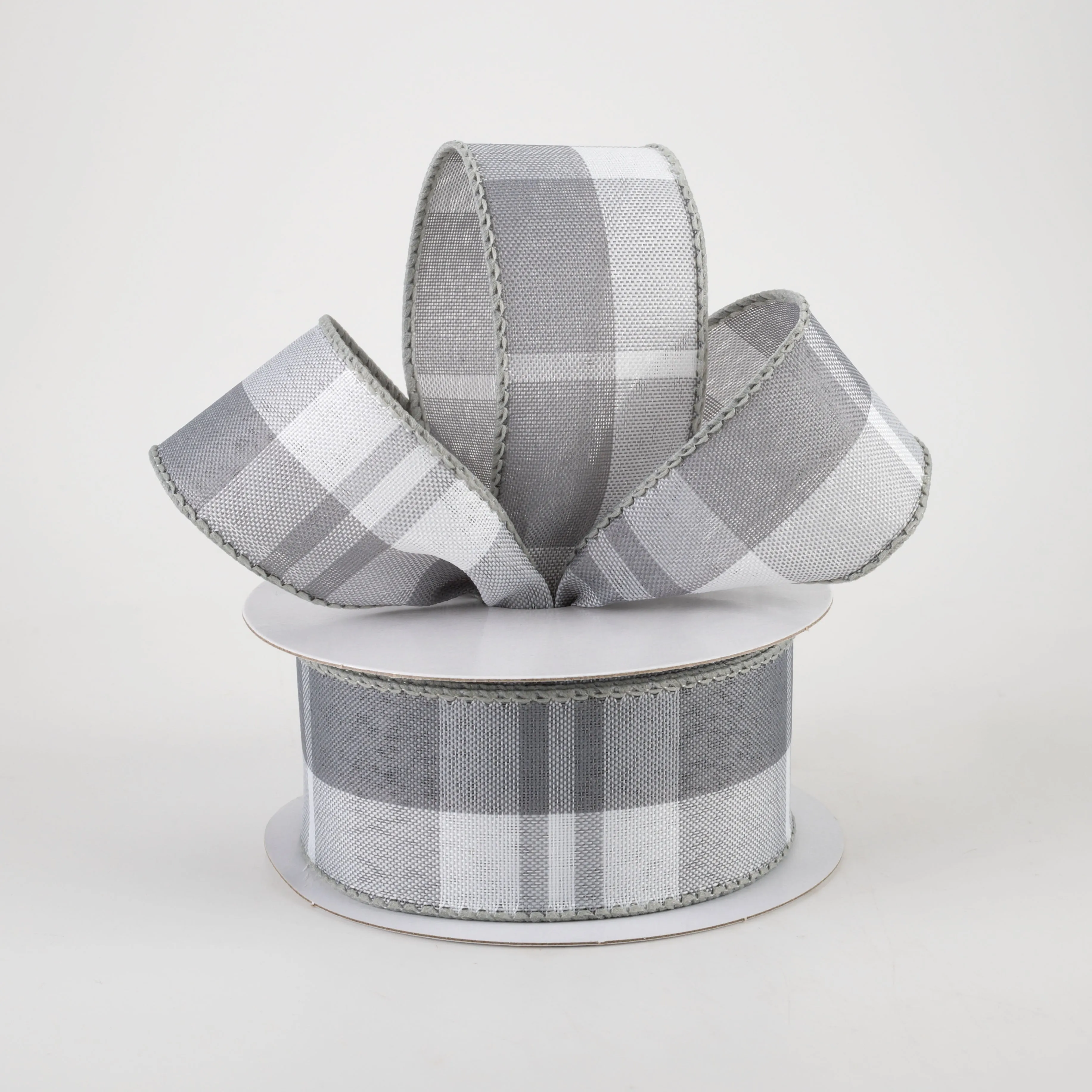 1.5" Eday Plaid Ribbon: Grey & White (10 Yards)