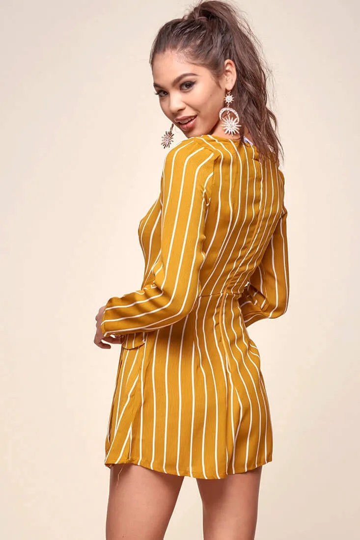 Abbey Waist Tie Pinstripe Romper Mustard & White