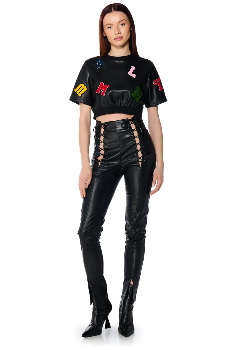 ABC FAUX LEATHER PATCHWORK T SHIRT