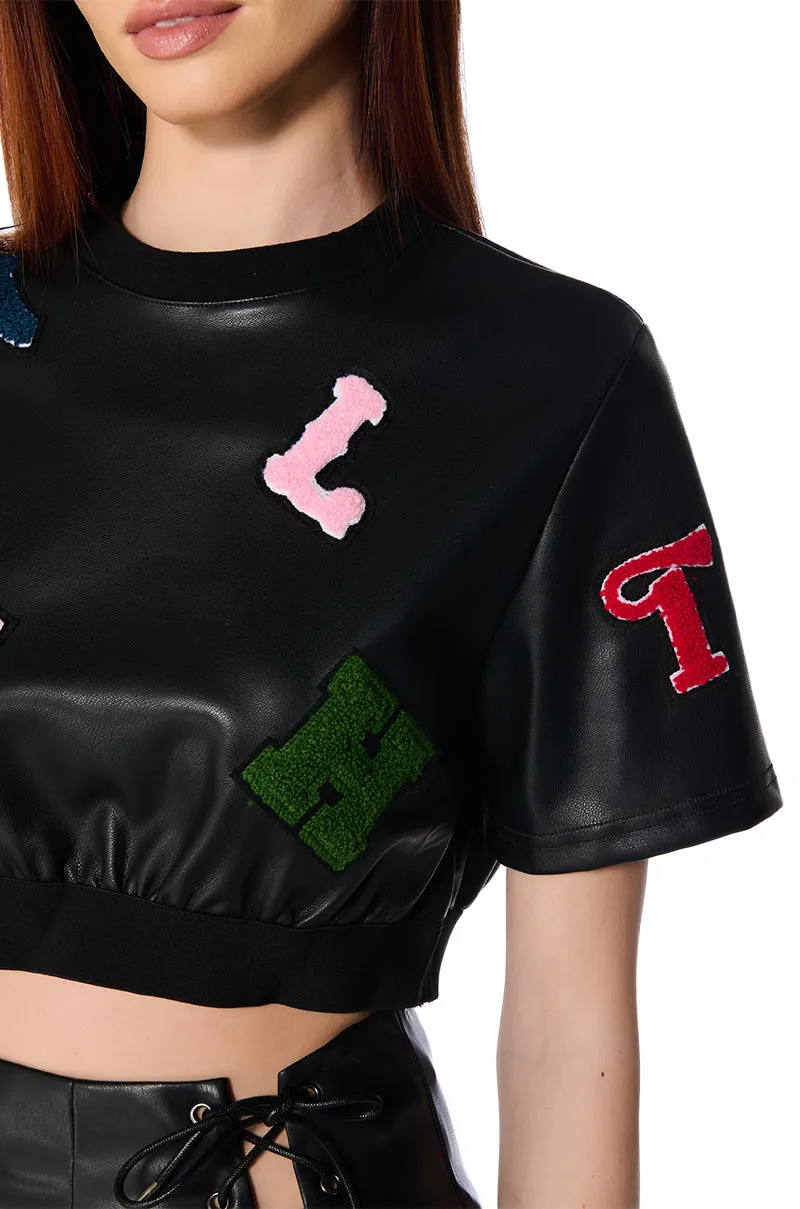 ABC FAUX LEATHER PATCHWORK T SHIRT