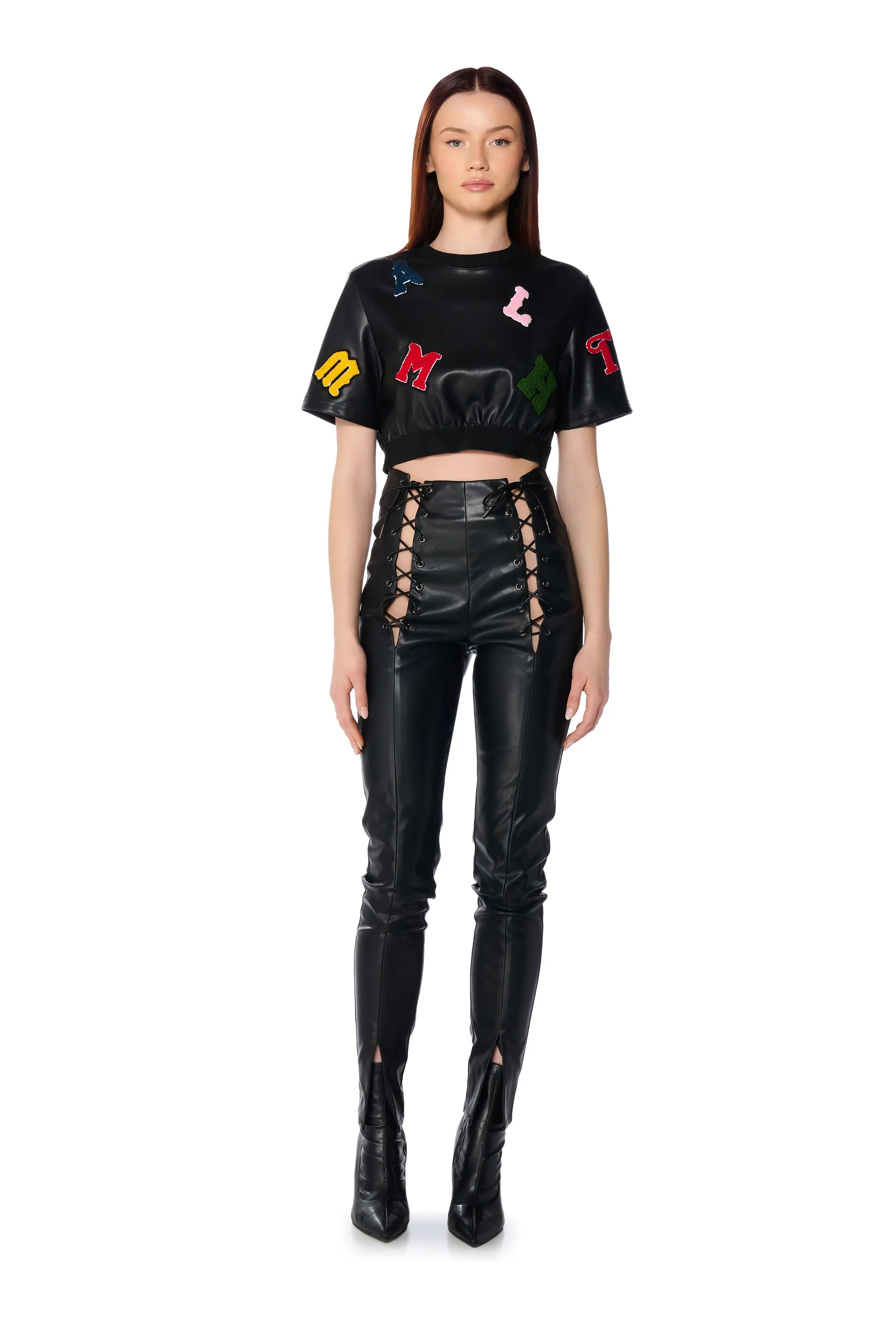 ABC FAUX LEATHER PATCHWORK T SHIRT