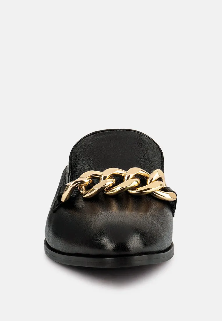 Aksa Chain Embellished Metallic Leather Mules