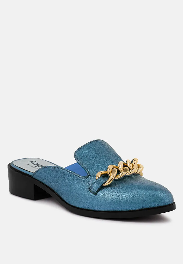 Aksa Chain Embellished Metallic Leather Mules