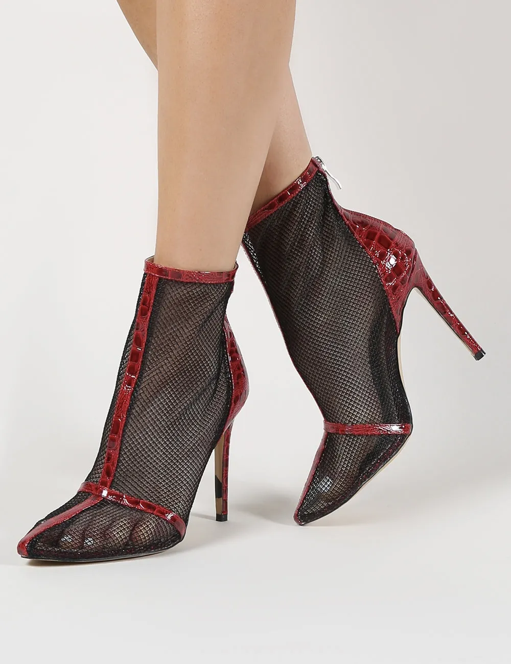 Aleisha Mesh Pointed Ankle Boots in Red Croc