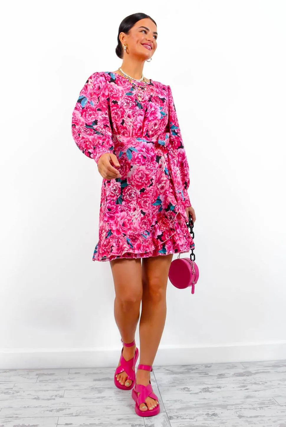 Beautiful Day - Pink Floral Mini Wrap Dress