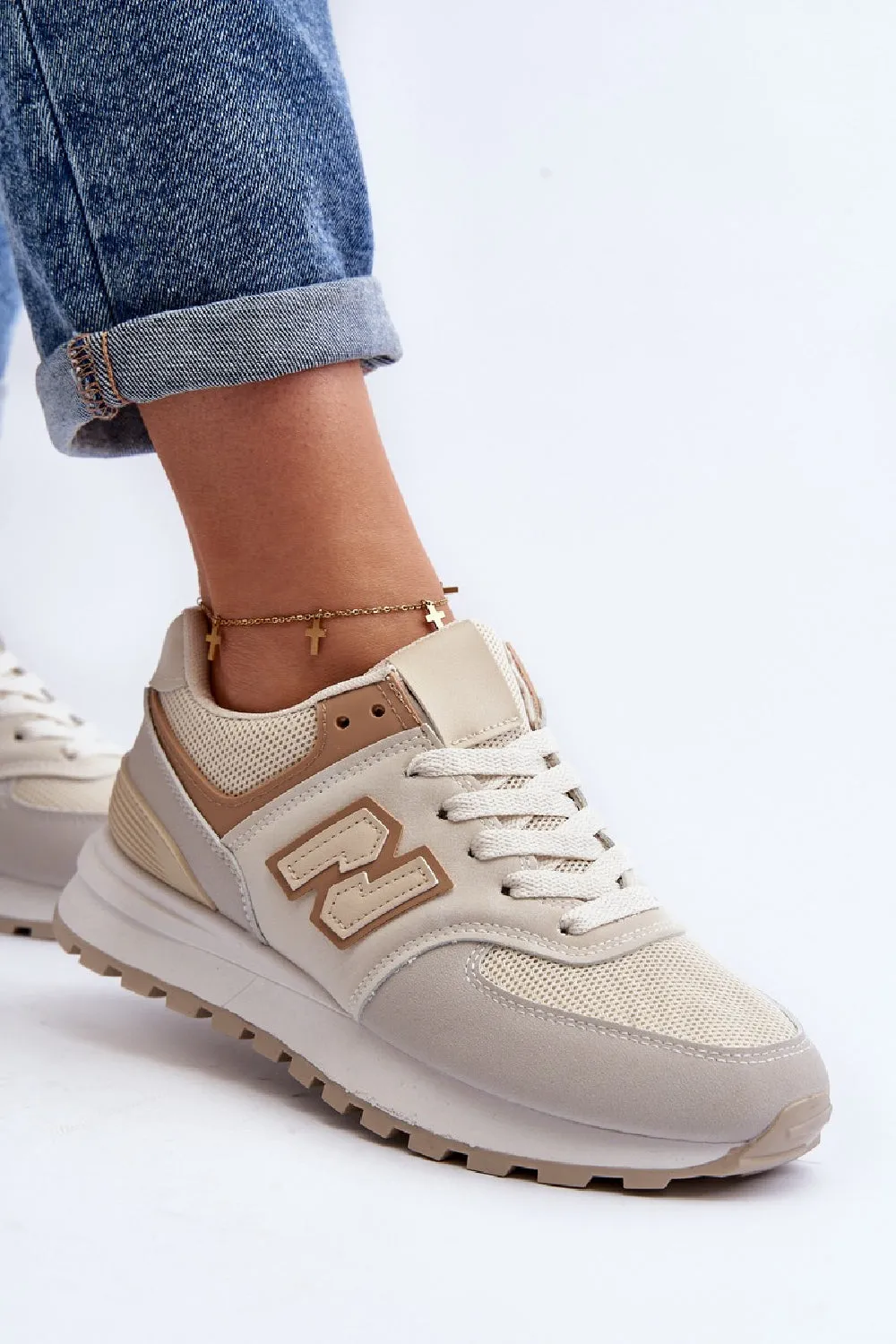 BEIGE LACE UP SIDE DETAIL CHUNKY FASHION DESIGNER TRAINERS