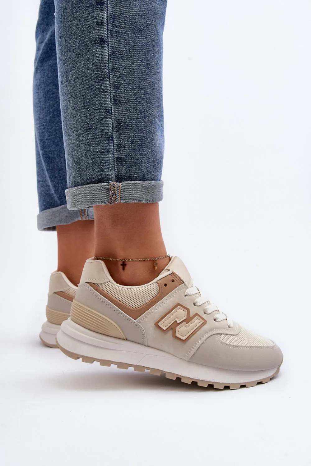 BEIGE LACE UP SIDE DETAIL CHUNKY FASHION DESIGNER TRAINERS