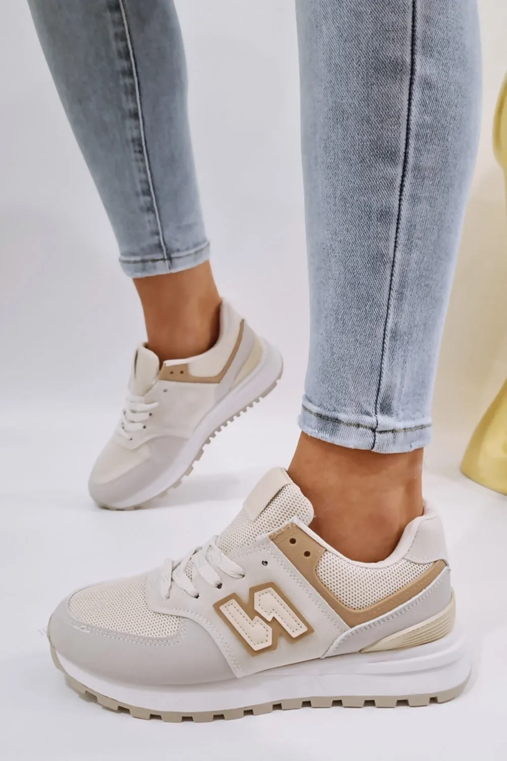 BEIGE LACE UP SIDE DETAIL CHUNKY FASHION DESIGNER TRAINERS