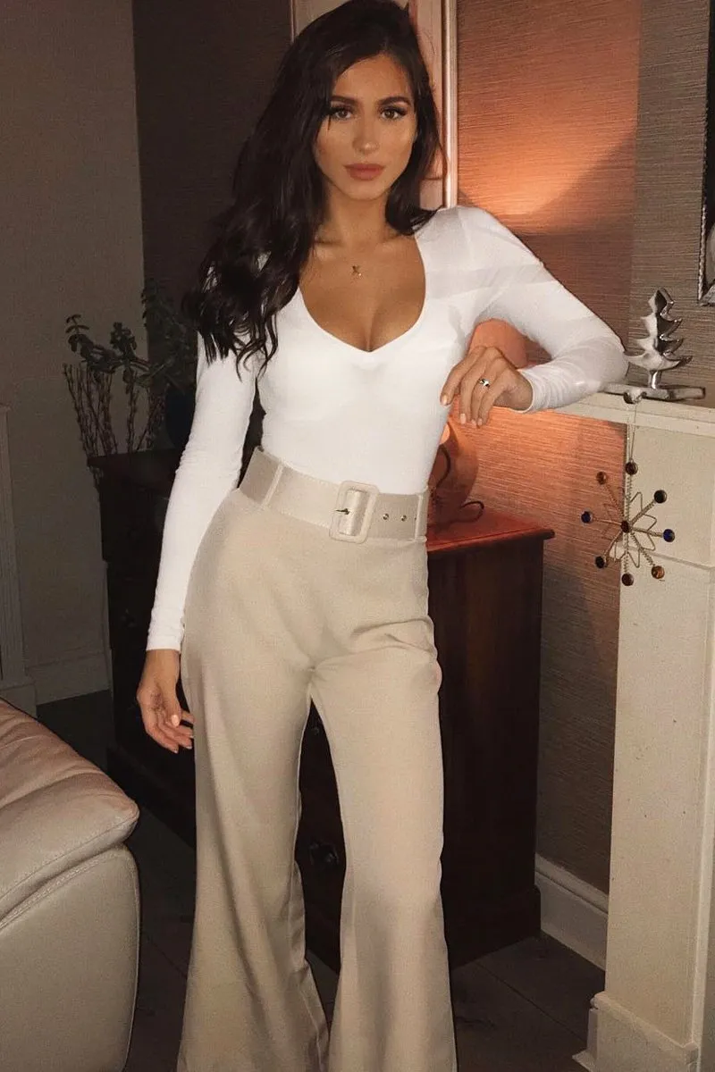 Beige Tailored Wide Leg Belted Trousers - Chenelle