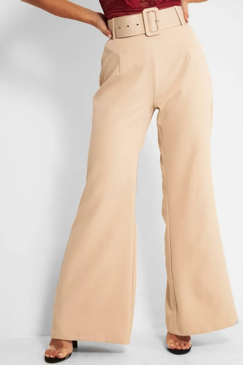 Beige Tailored Wide Leg Belted Trousers - Chenelle