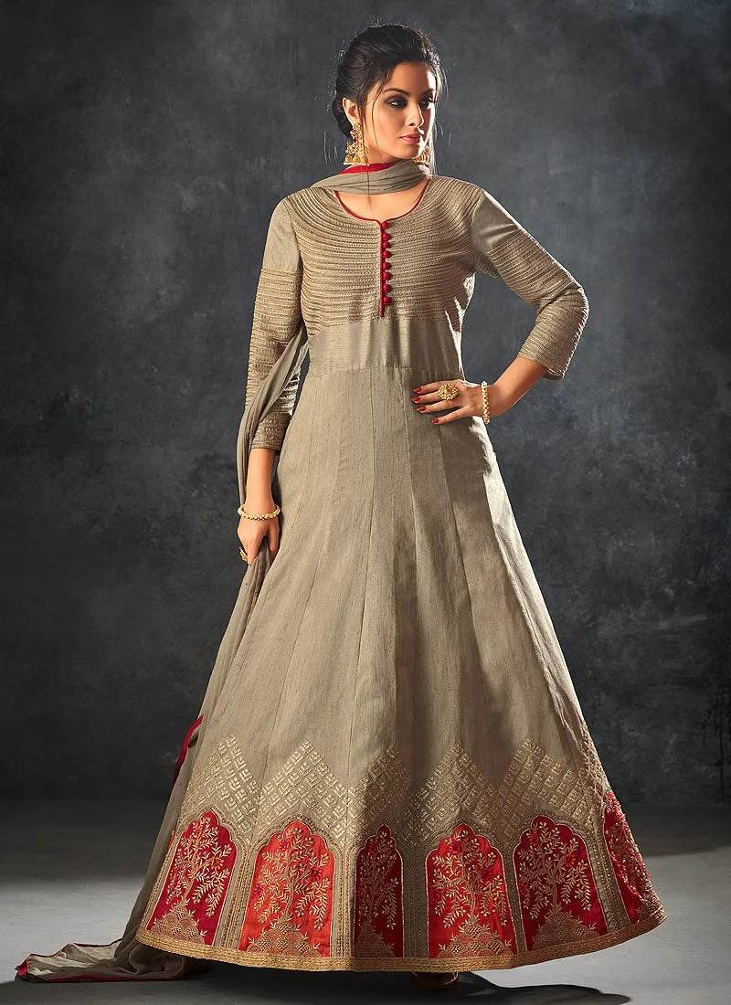 Beige With Red Touch Minimalist Embroidered Flared Anarkali Suit