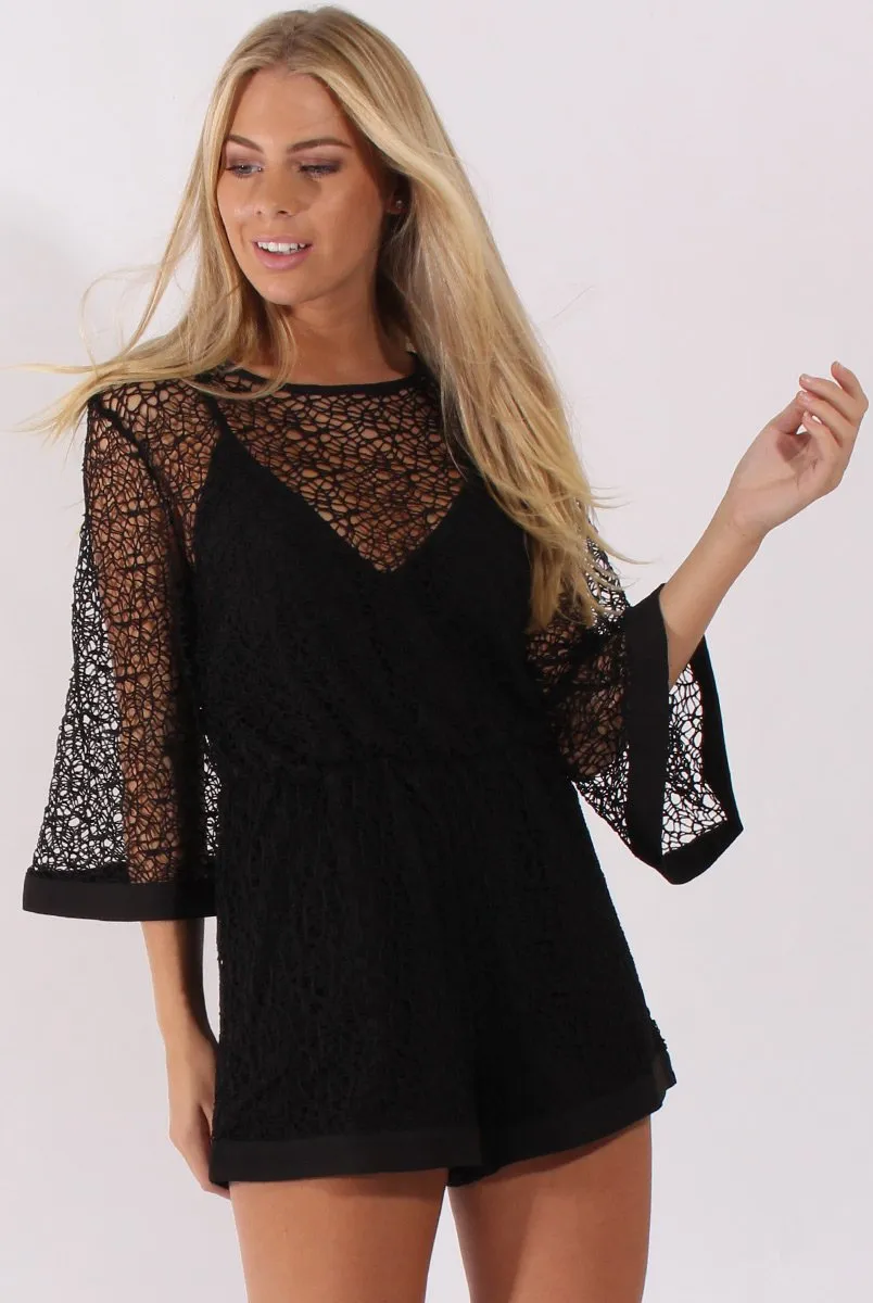 Black Crochet Overlay Playsuit - Philomena