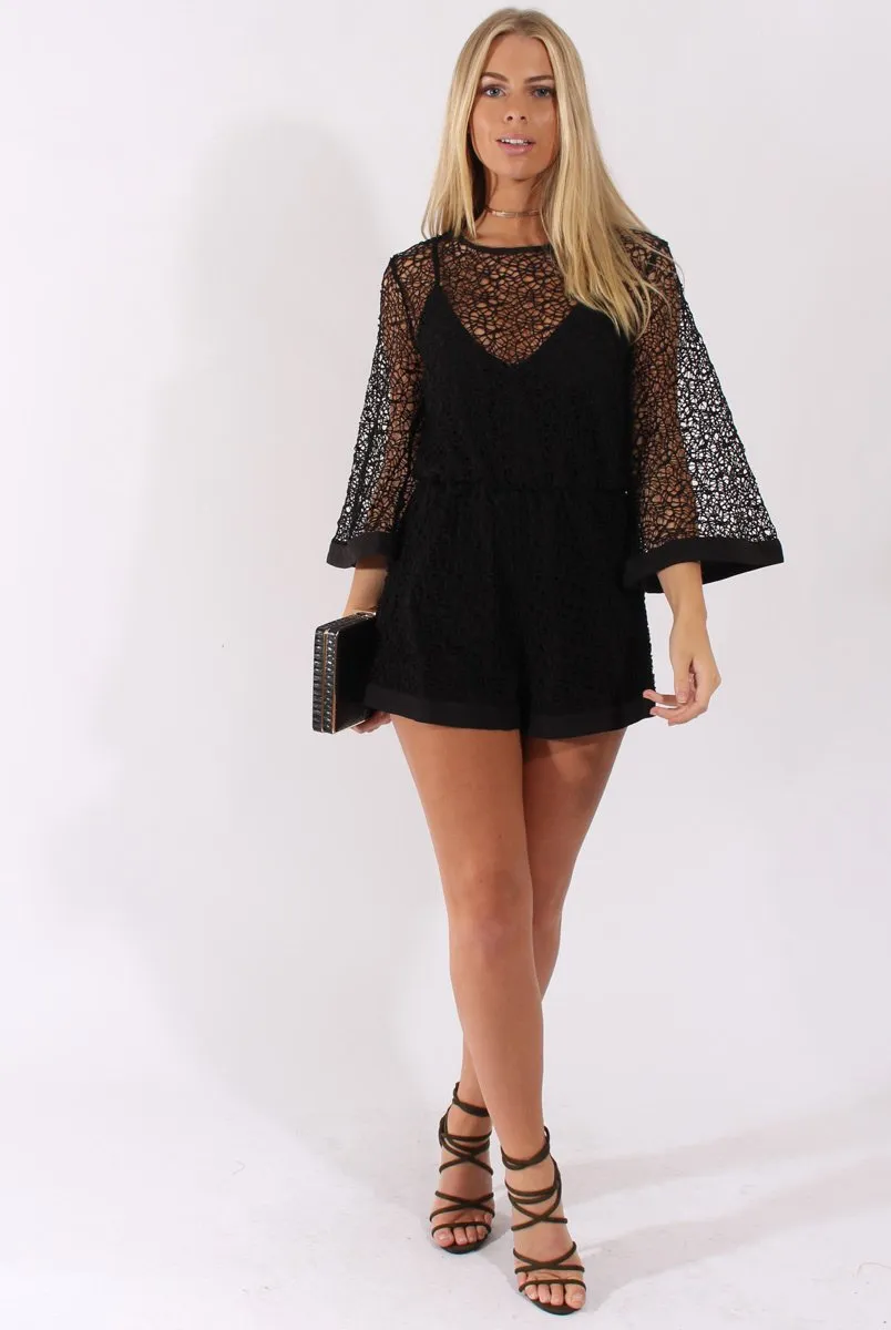 Black Crochet Overlay Playsuit - Philomena