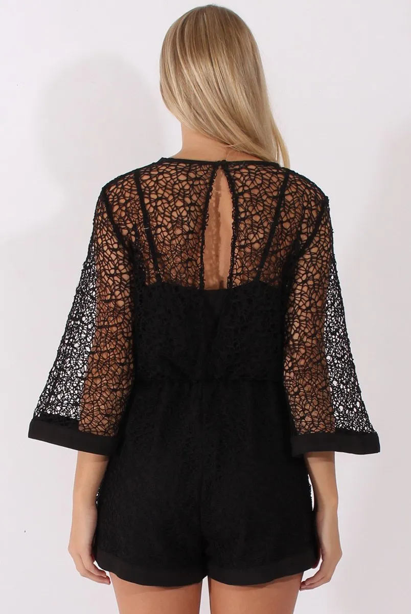 Black Crochet Overlay Playsuit - Philomena