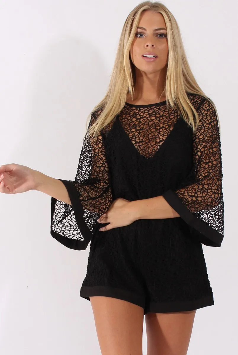 Black Crochet Overlay Playsuit - Philomena