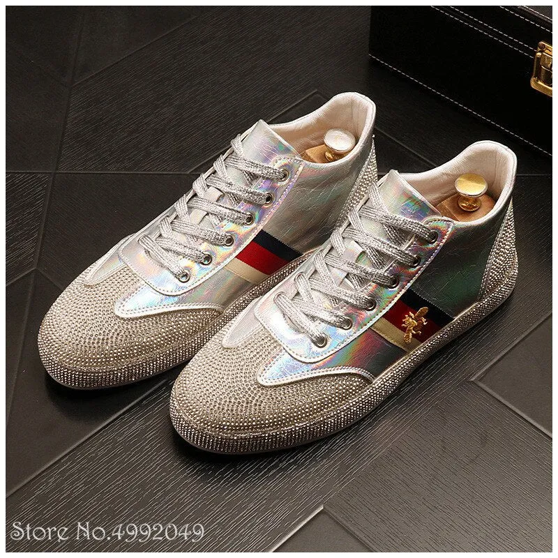 Black Men‘s Glitter Rhinestone High Tops Casual Shoes Flats Embroidery Loafers Male Sports Walking Sneakers Zapatos Hombre