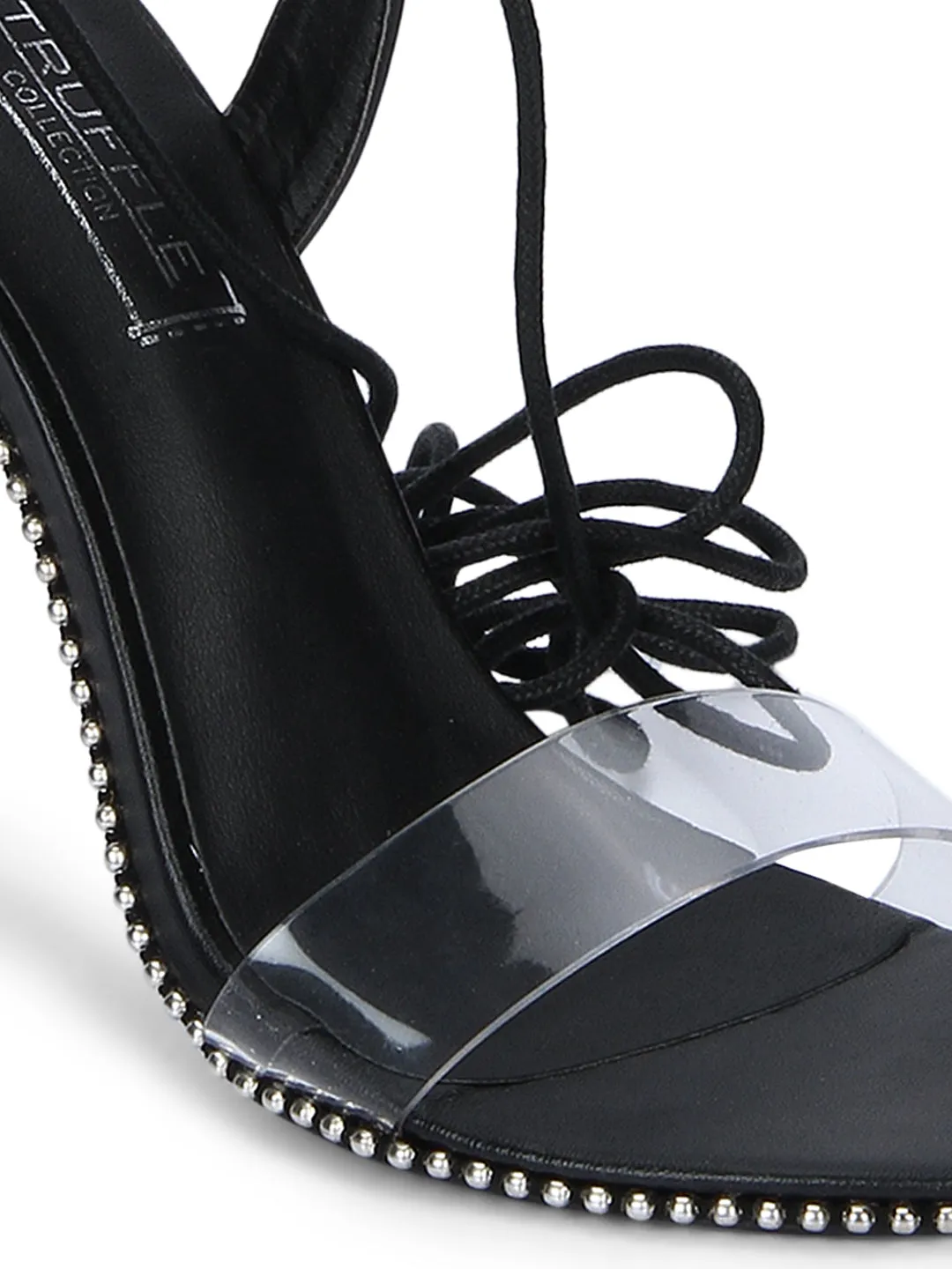 Black PU Studded Perspex Lace-up Stilettos