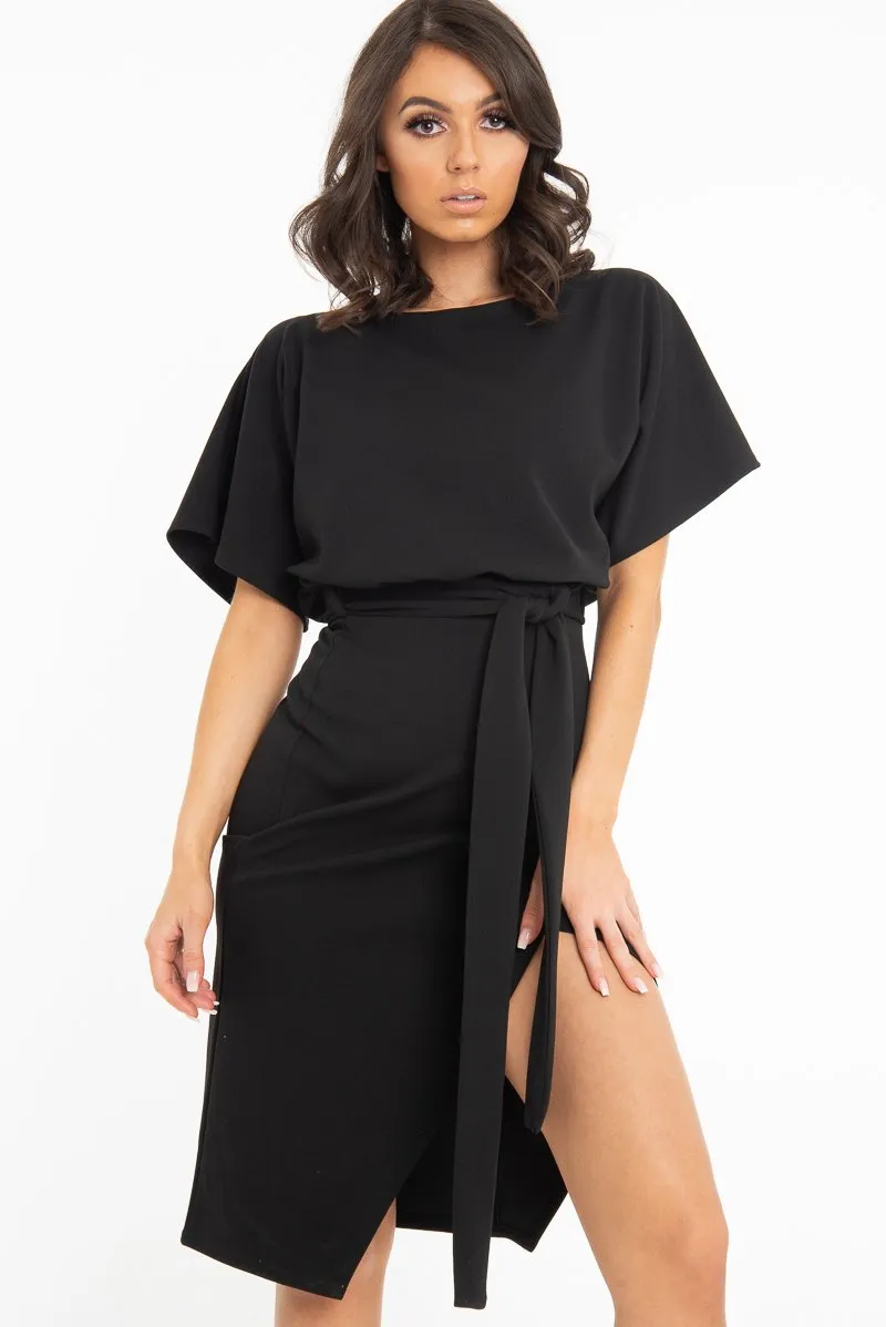 Black Tie Waist Front Split Batwing Dress - Ranessa