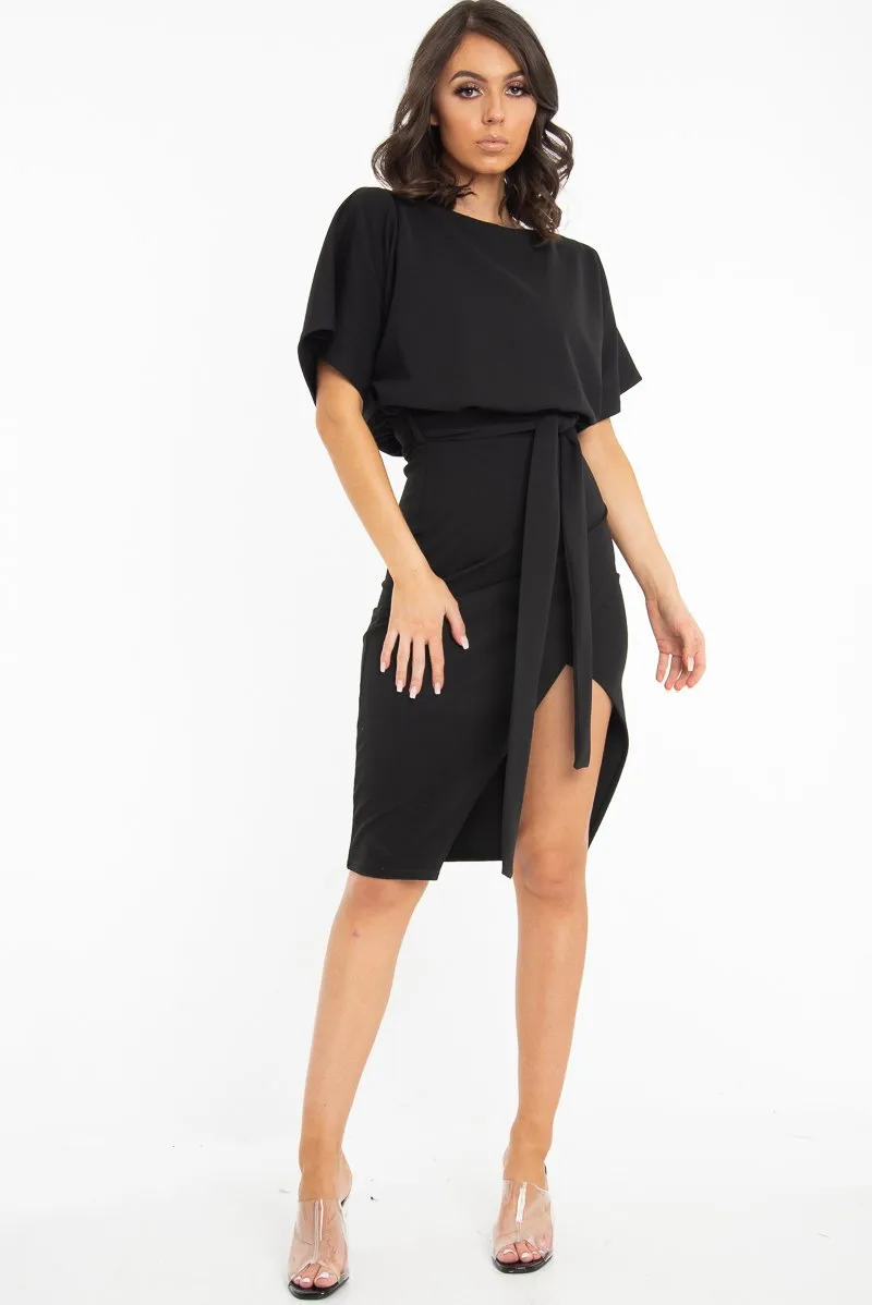 Black Tie Waist Front Split Batwing Dress - Ranessa