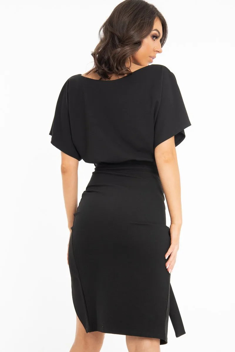 Black Tie Waist Front Split Batwing Dress - Ranessa