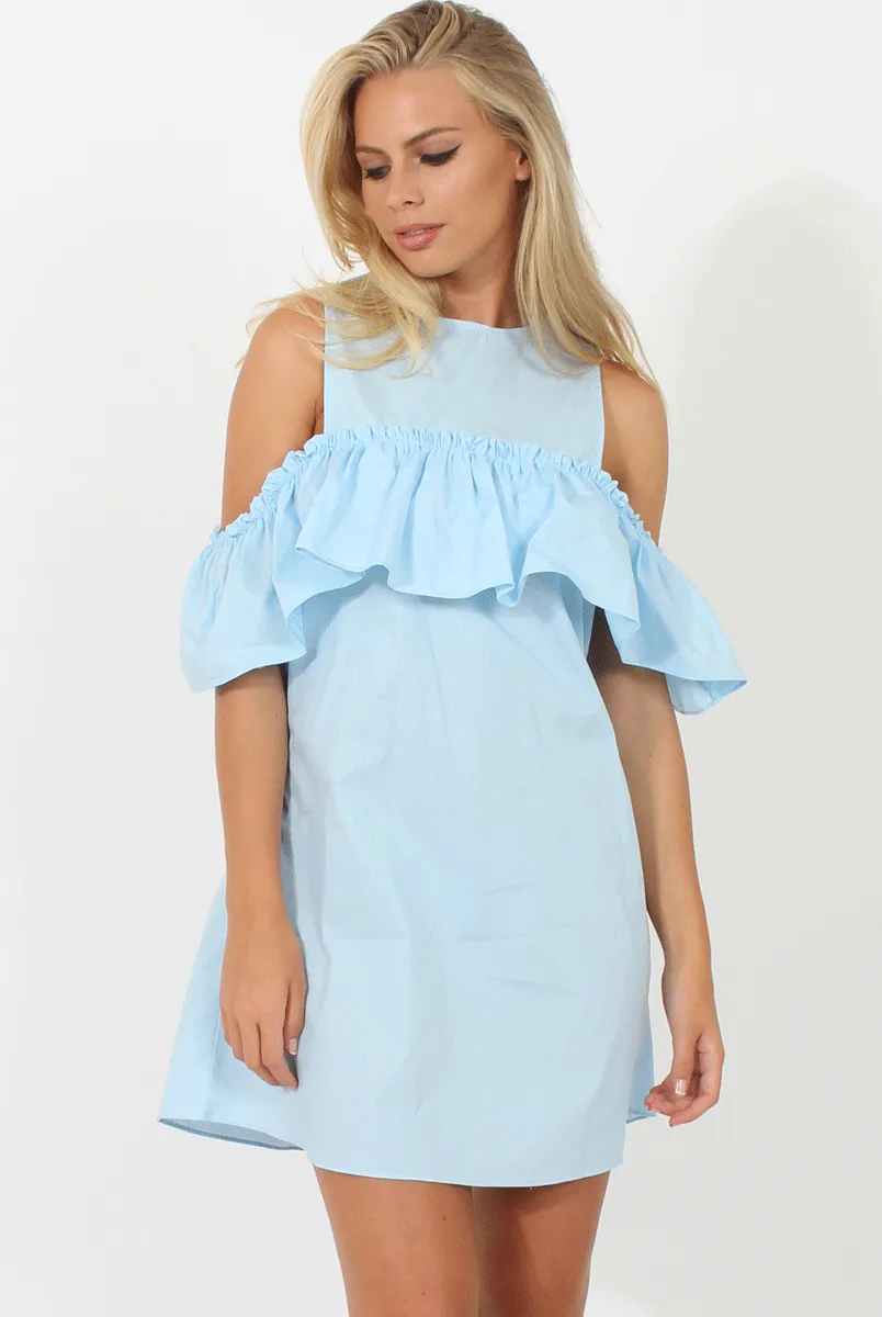 Blue Cold Shoulder Frill Layer Dress - Helena