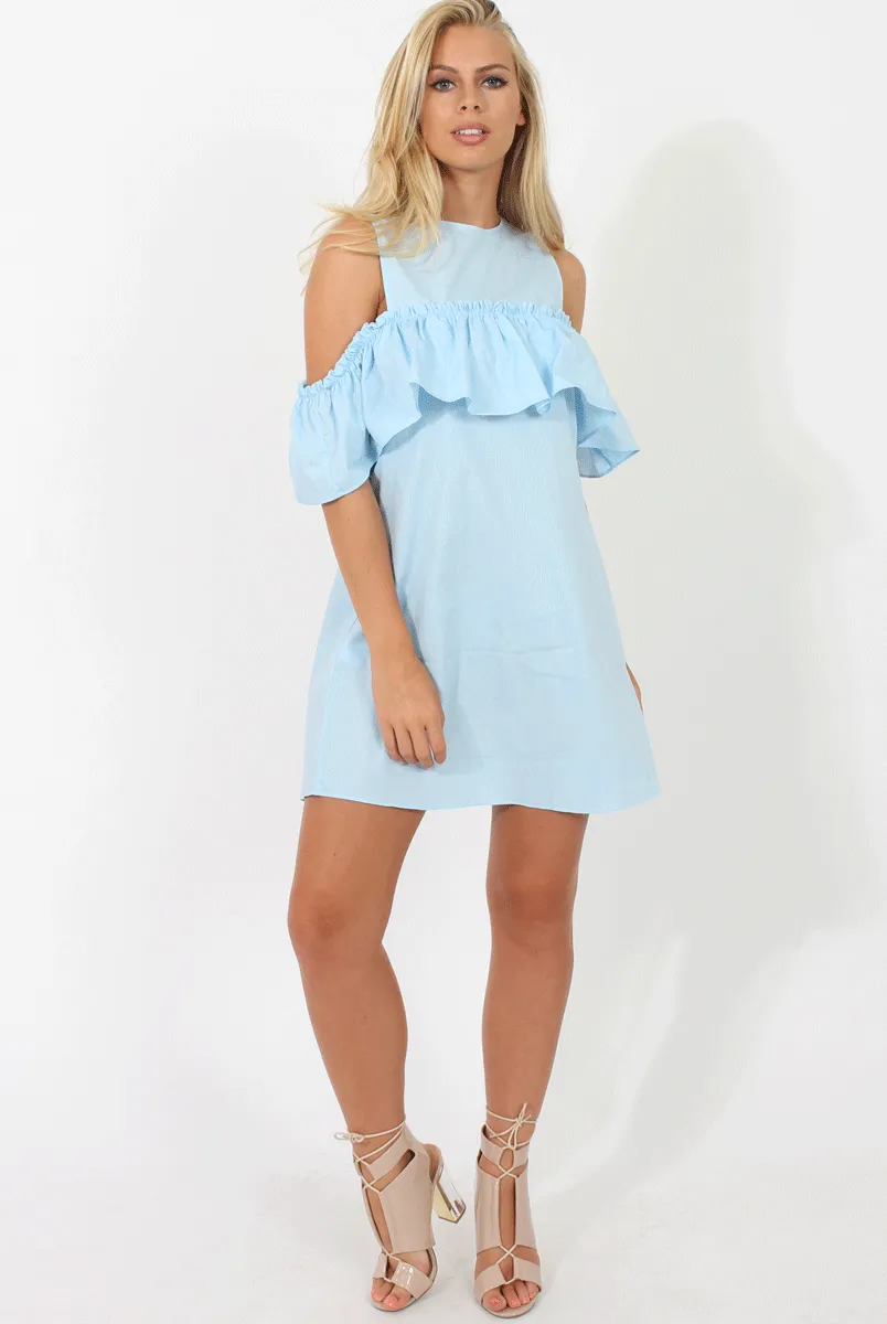 Blue Cold Shoulder Frill Layer Dress - Helena