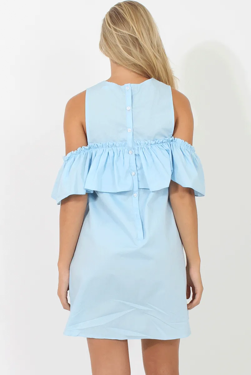 Blue Cold Shoulder Frill Layer Dress - Helena