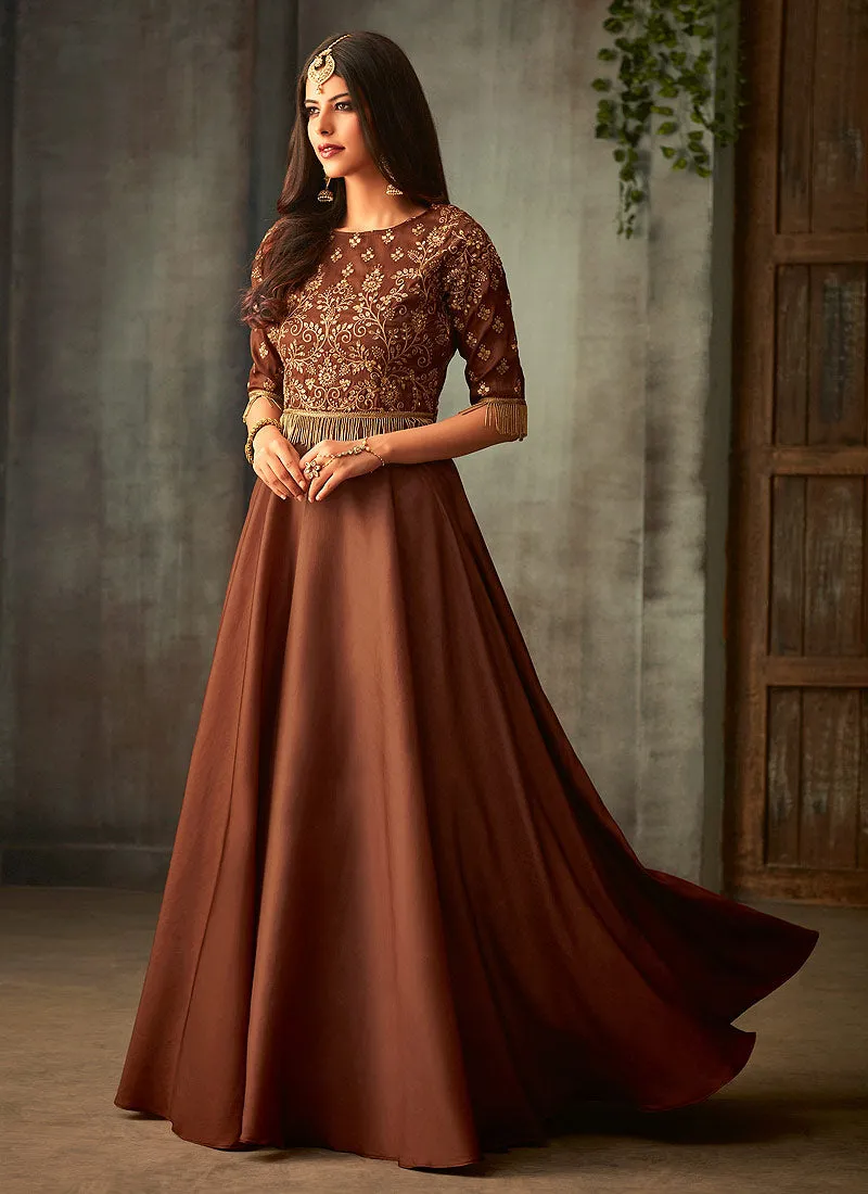 Brown Golden Embroidered Anarkali Gown