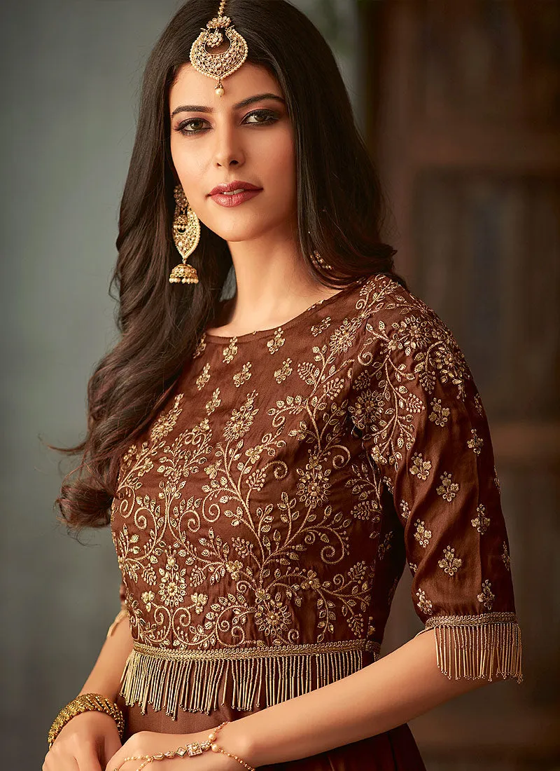 Brown Golden Embroidered Anarkali Gown