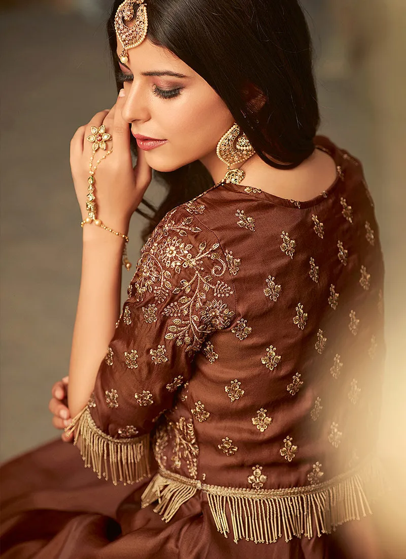 Brown Golden Embroidered Anarkali Gown