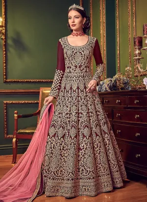 Burgundy All Over Traditional Embroidered Designer Anarkali Suit