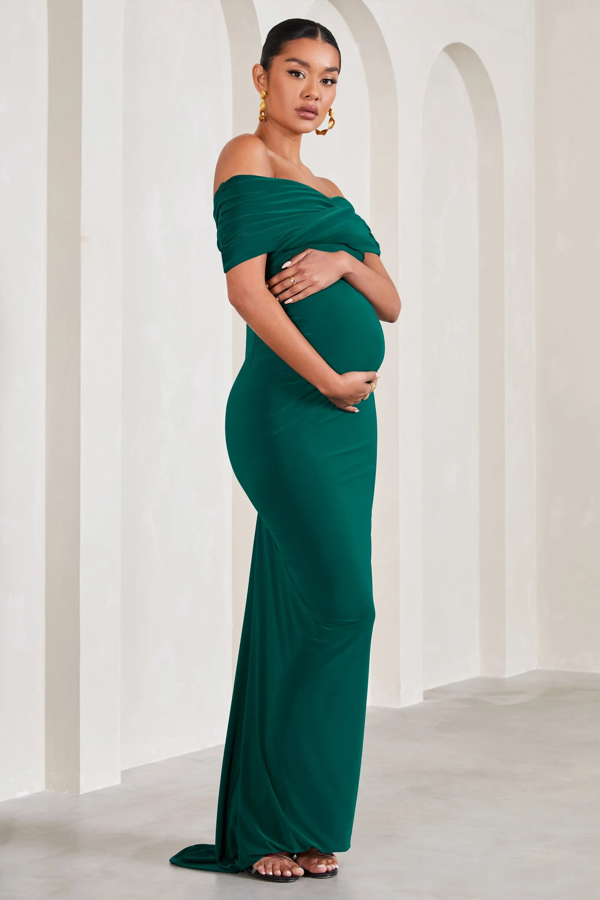 Carmen | Bottle Green Bardot Maternity Maxi Dress