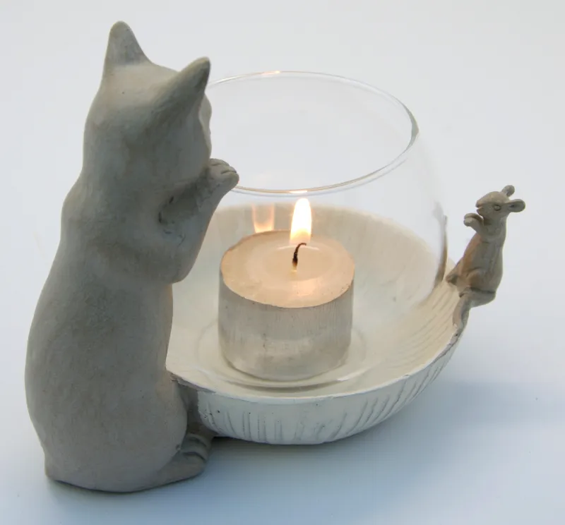 Cat and Mouse Tea Light Holder and Cat and Book Candle Holder - Gift Set