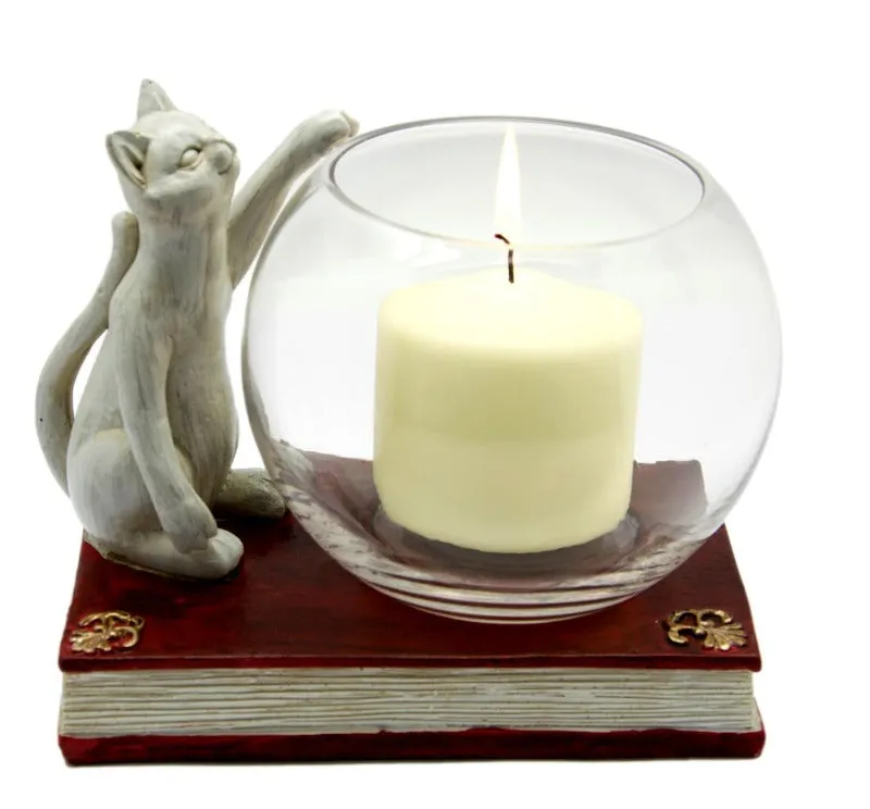 Cat and Mouse Tea Light Holder and Cat and Book Candle Holder - Gift Set