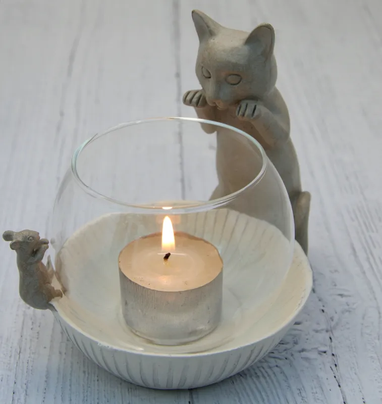 Cat and Mouse Tea Light Holder and Cat and Book Candle Holder - Gift Set