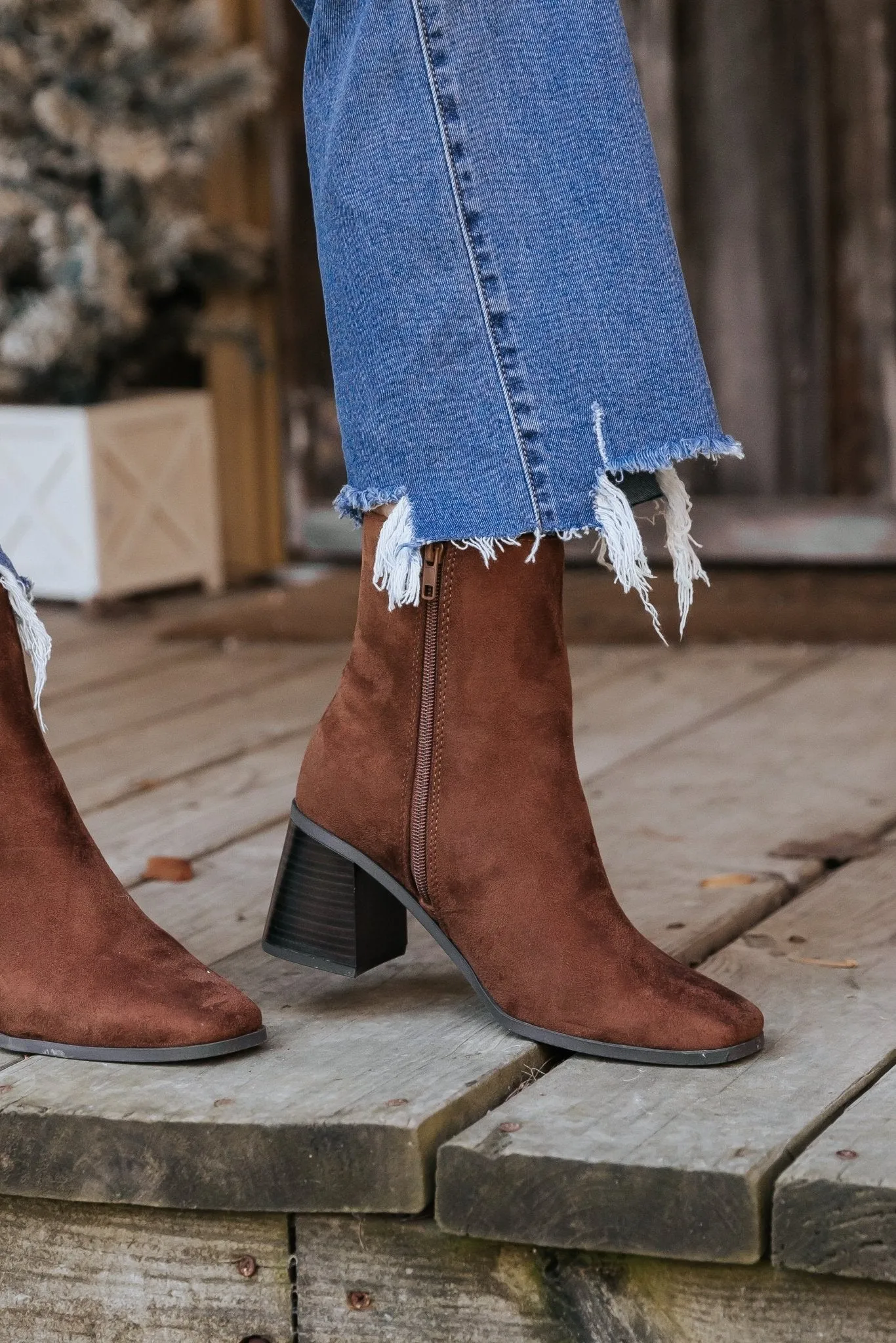 Chestnut Faux Suede Heeled Ankle Booties