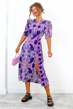 Cuff It Up - Purple Paisley Print Midi Dress