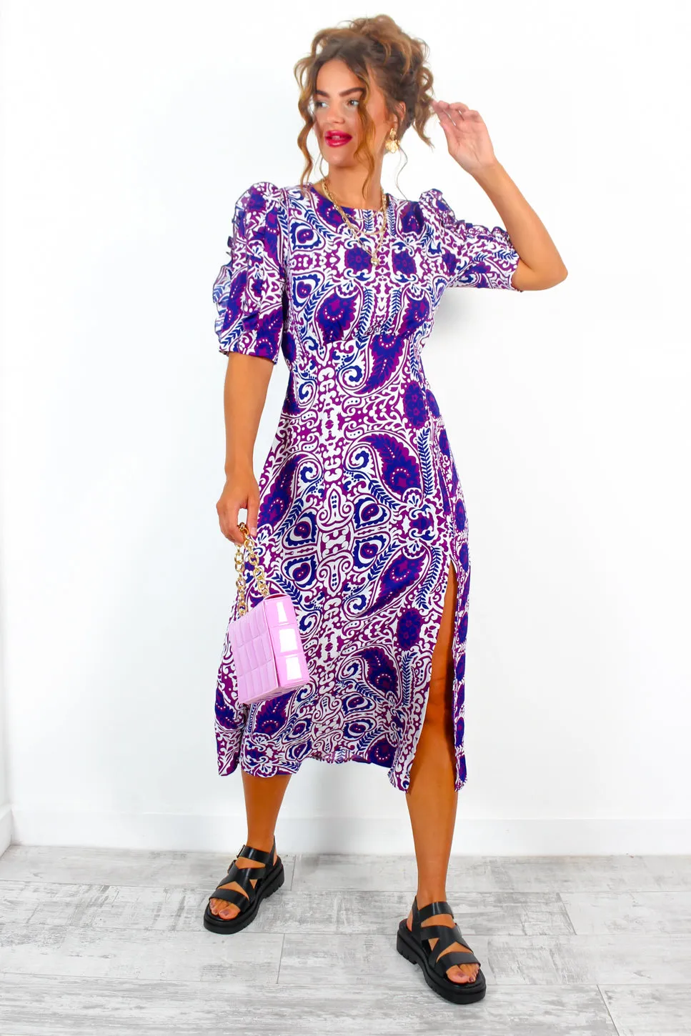 Cuff It Up - Purple Paisley Print Midi Dress