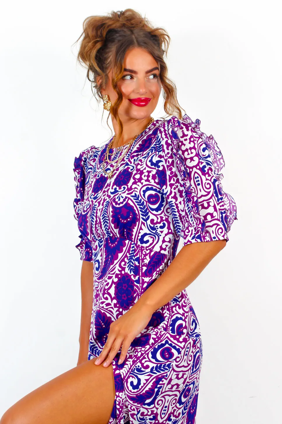 Cuff It Up - Purple Paisley Print Midi Dress