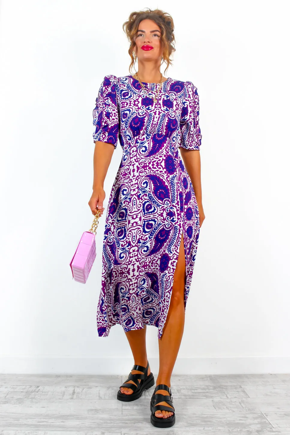 Cuff It Up - Purple Paisley Print Midi Dress