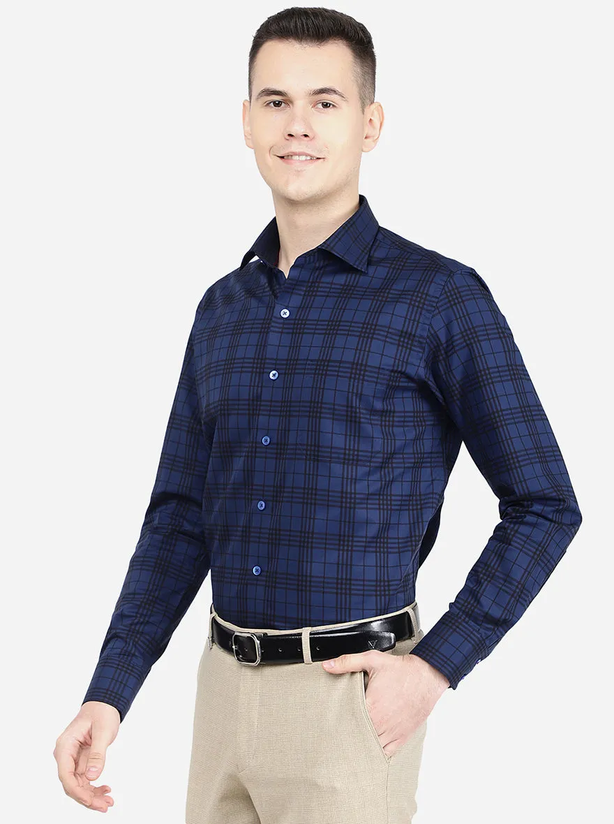 Dark Blue Checked Slim Fit Formal Shirt | Metal