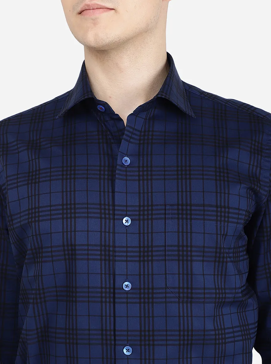 Dark Blue Checked Slim Fit Formal Shirt | Metal