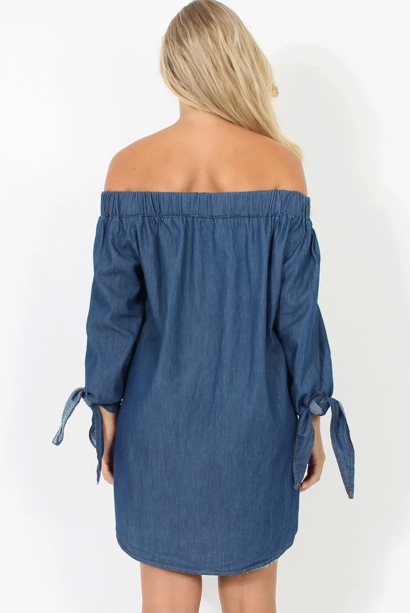 Dark Denim Buttoned Bardot Dress - Adeline