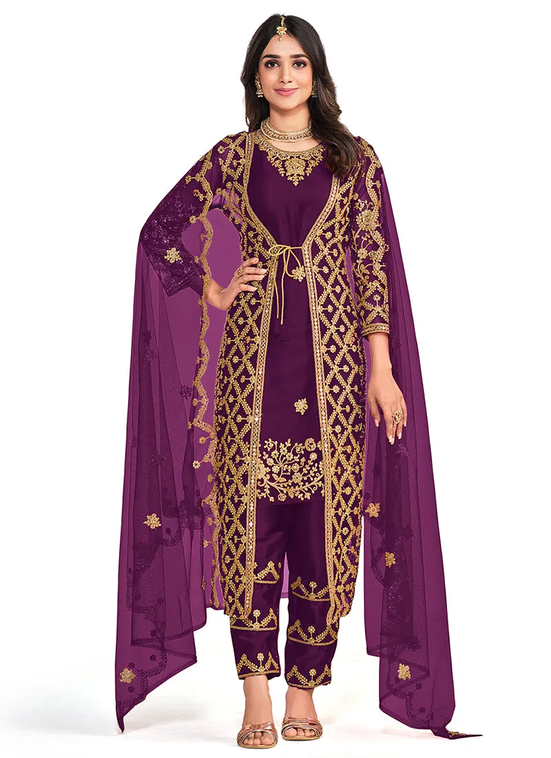 Deep Purple Mirror Work Embroidery Jacket Style Pant Suit