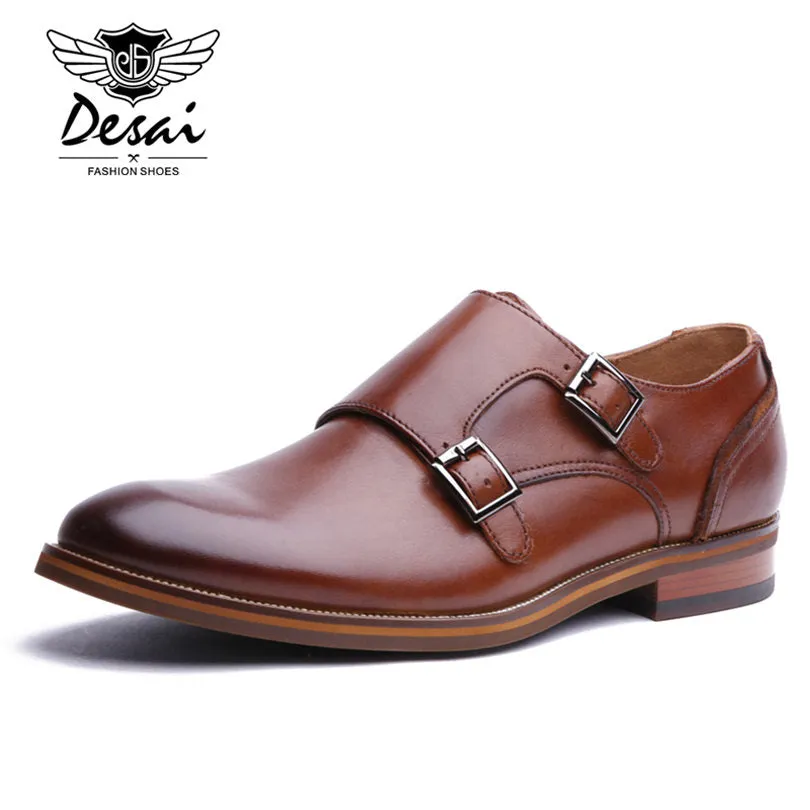 DESAI Brand Men Shoes Genuine Leather Black Brown Formal Dress Double Monk Buckle Straps Wedding Brogues Shoes Zapatos Hombre