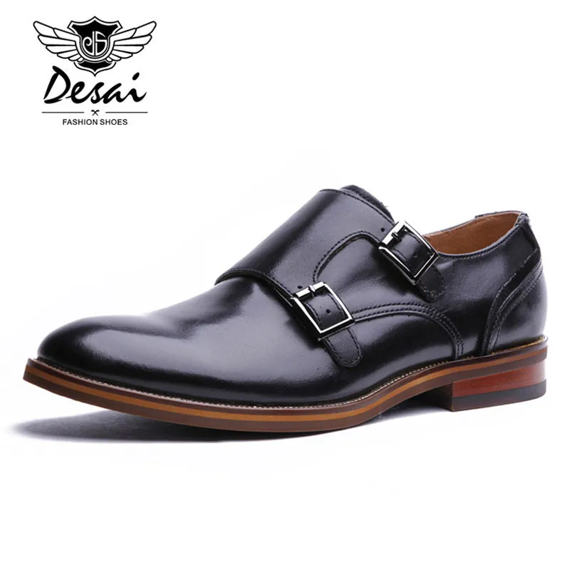 DESAI Brand Men Shoes Genuine Leather Black Brown Formal Dress Double Monk Buckle Straps Wedding Brogues Shoes Zapatos Hombre