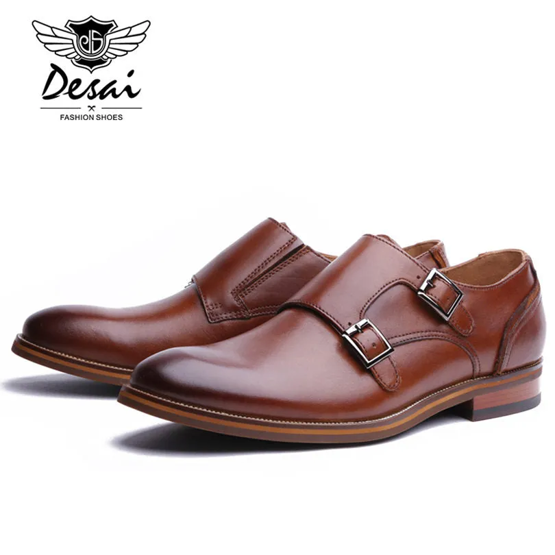 DESAI Brand Men Shoes Genuine Leather Black Brown Formal Dress Double Monk Buckle Straps Wedding Brogues Shoes Zapatos Hombre