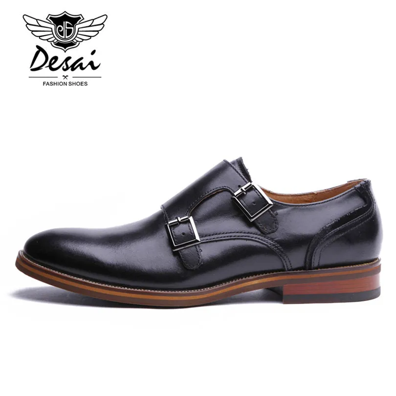 DESAI Brand Men Shoes Genuine Leather Black Brown Formal Dress Double Monk Buckle Straps Wedding Brogues Shoes Zapatos Hombre