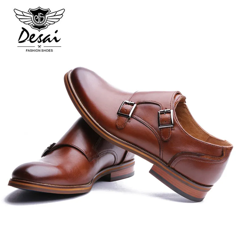 DESAI Brand Men Shoes Genuine Leather Black Brown Formal Dress Double Monk Buckle Straps Wedding Brogues Shoes Zapatos Hombre