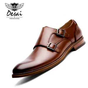 DESAI Brand Men Shoes Genuine Leather Black Brown Formal Dress Double Monk Buckle Straps Wedding Brogues Shoes Zapatos Hombre